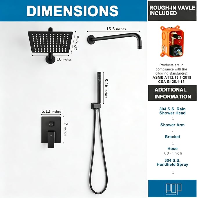 Matte Black Shower Faucet Set Rainfall 10 Inch Shower Head and Handle Set Bathroom Rain Shower System Wall Mounted Shower Fixture Include Shower Valve and Trim Kit