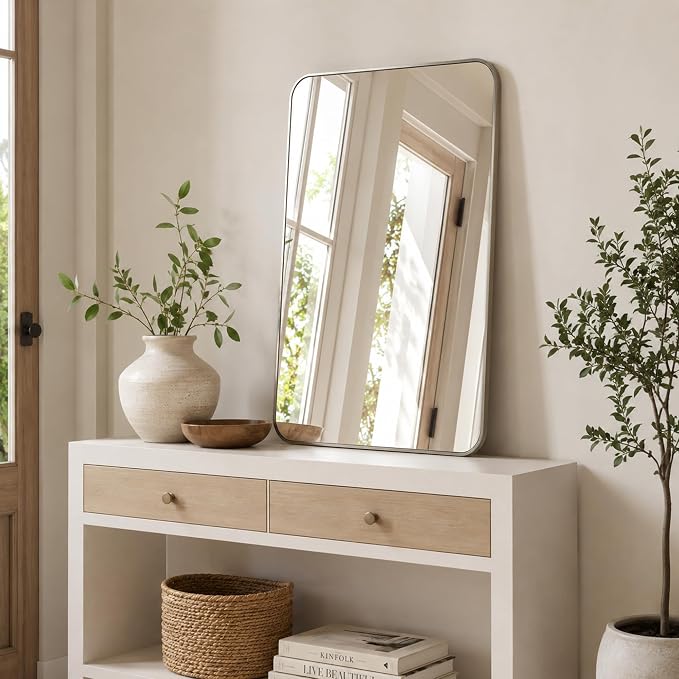 2-Pack 24x36 Inch Brushed Nickel Rounded Rectangle Vanity Mirrors | Double Vanity or Two Bathrooms, Pair or Separate Use, Aluminum Frame, Slim Front Profile, Two-Way Mount