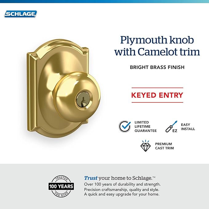 Schlage F51A PLY 605 CAM Plymouth Knob with Camelot Trim Keyed Entry Lock, Bright Brass