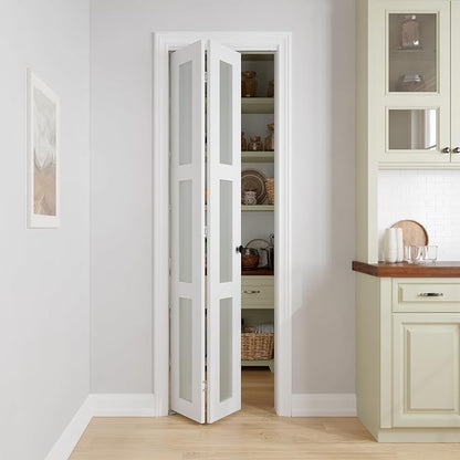 Bifold Doors for 28" x 80" Opening,3-lite Tempered Frosted Glass | Closet Folding Doors with Hardware kit Included, Easy Assembly for Pantry Closet, White,Water-Proof PVC Surface
