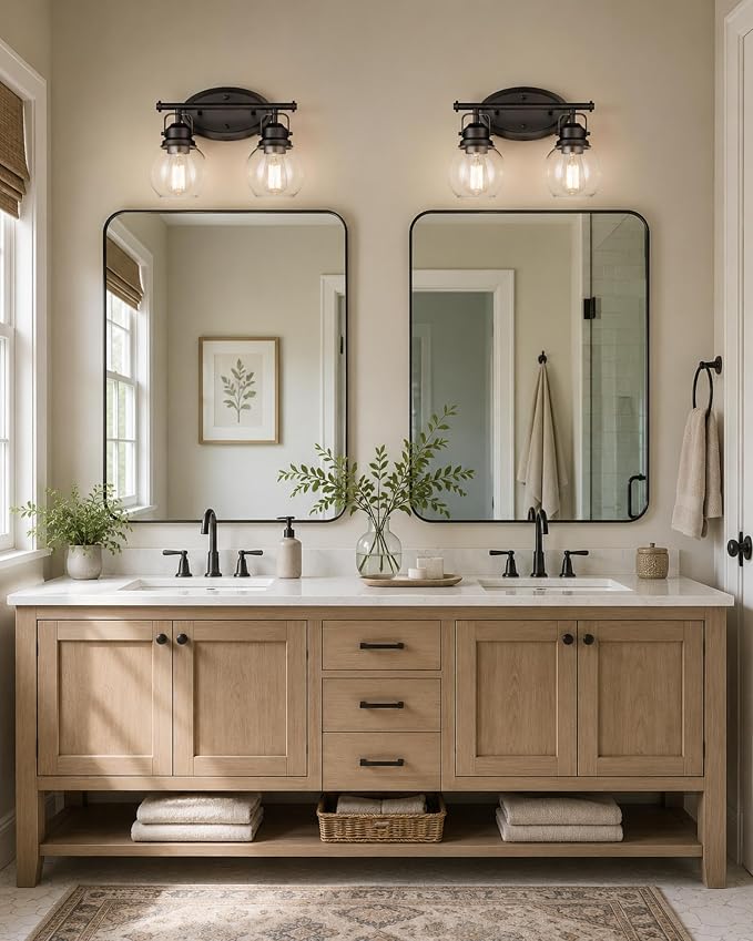Farmhouse Vintage Bathroom Light Fixtures, 2-Light Wall Mount Lighting Sconce Over Mirror, Oil Rubbed Bronze Vanity Lights with Globe Clear Glass, AD-2147-2W