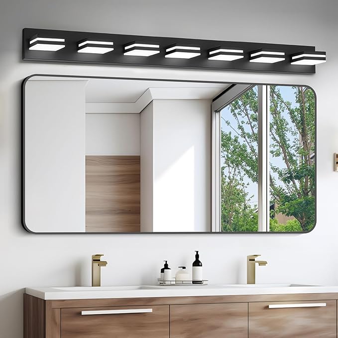 IZORRO LED Modern Bathroom Lights Fixtures(7-Light,Dimmable),Matte Black Acrylic Wall Lighting,Vanity Lights for Bathroom Over Mirror - 6000k 40In （No Assembly Required）