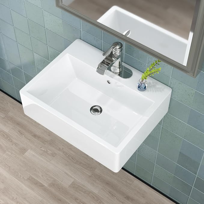 21"x16" White Ceramic Wall Mount Floating Bathroom Vessel Sink | Wall Mount Bathroom Sink Rectangle Vanity Vessel Bathroom Sink
