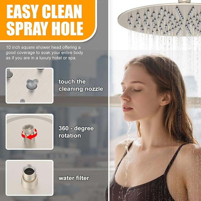 3 Functions Shower System，Modern Three-Setting 10-Inch Round Rain Shower Head and Faucet Set，Shower Faucet Set Complete Rough-in Valve and Trim Kit Included（Brushed Nickel）