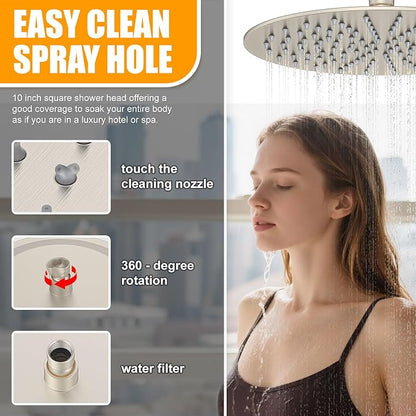 3 Functions Shower System，Modern Three-Setting 10-Inch Round Rain Shower Head and Faucet Set，Shower Faucet Set Complete Rough-in Valve and Trim Kit Included（Brushed Nickel）