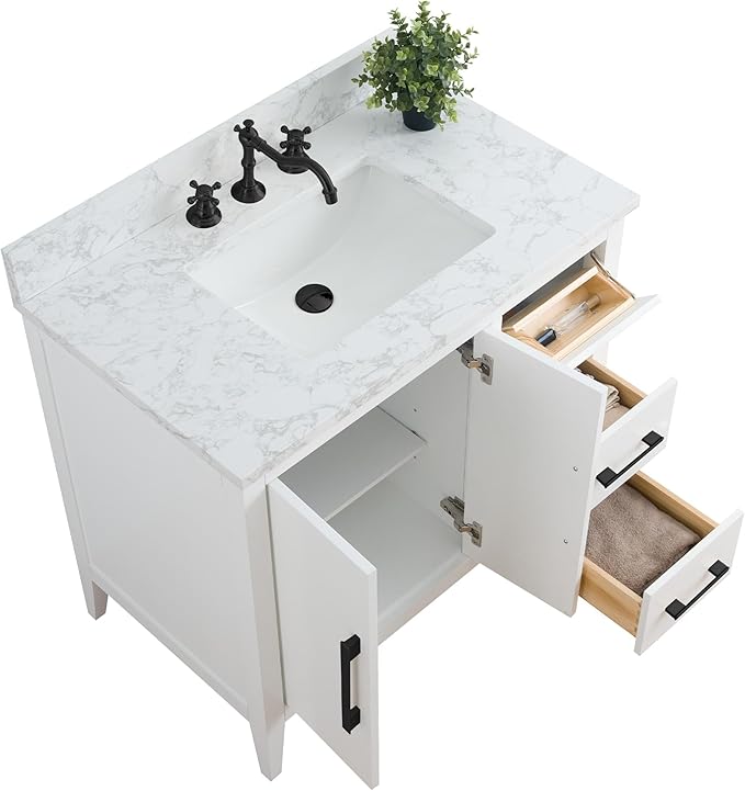 HomeBeyond 36 Inch Bathroom Vanity with Sink & Ceramic Top, Single Vanity Cabinet with Basin, Soft-Closing Doors & Matte Black Hardware, White