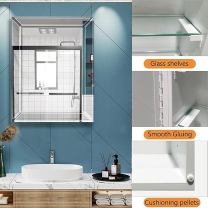 Bathroom Medicine Cabinet with 22x30 Inch Frameless Beveled Edge Mirror, Surface/Recessed Mount Vanity Storage Cabinet for Bathroom/Living Room/Bed Room