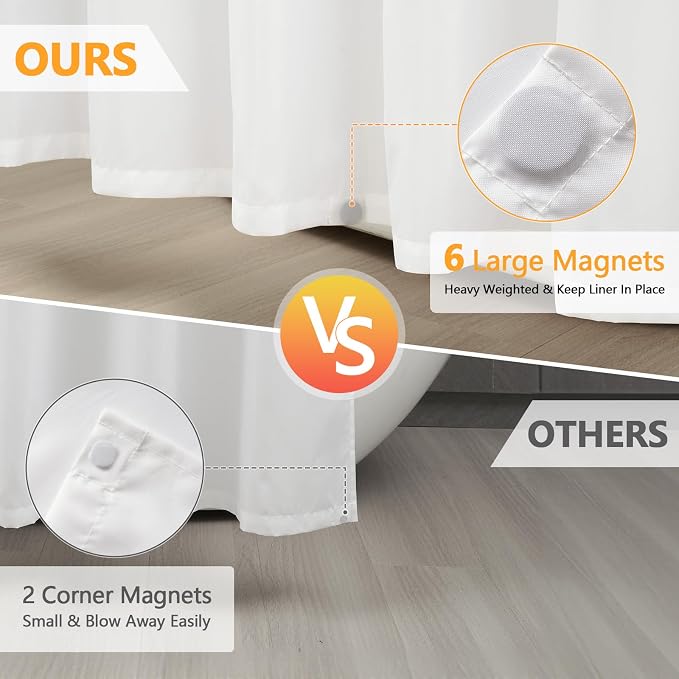 Seenus Extra Wide Fabric Shower Curtain Liner with 6 Large Magnets, 180 x 72 inch Waterproof Washable Cloth Shower Liner Extra Large, 360 Wrap Around White Shower Curtain for Clawfoot Tub