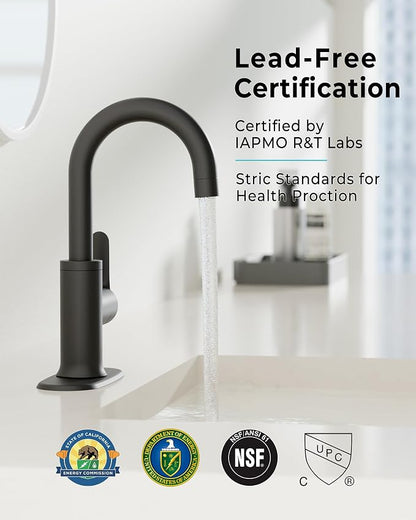 VXV Black Bathroom faucets Single Handle 360° Swivel Gooseneck Spout Optional Deckplate Bar Sink Faucet with Pop-up Drain and Hoses Matte Black