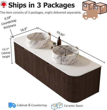 60" Floating Bathroom Vanity with Sink, Wall-Mount Cabinet 2 Large Storage Drawer, 2 White Ceramic Basins with Stone Pattern and Marble Top, Soft-Close Design, Dark Walnut