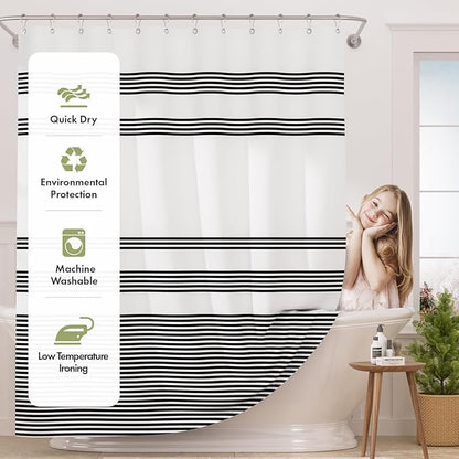AmazerBath Shower Curtain, Washable Cloth Black Shower Curtain Sets with 12 Shower Curtain Hooks, Fabric Rustic Black and White Striped Curtain, Farmhouse Bathroom Curtains, 72x72 Inches