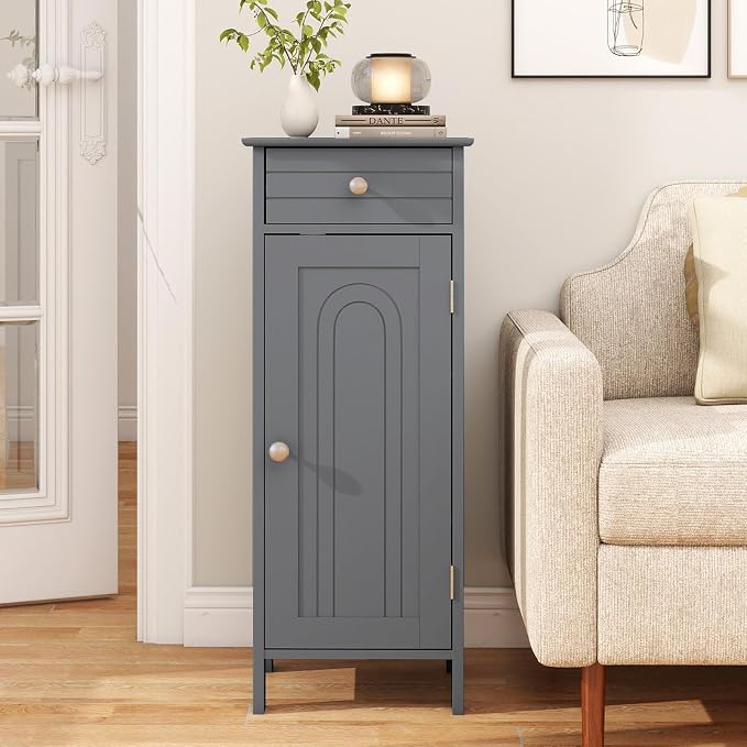 Giantex 34.5" Bathroom Cabinet with Drawer & Single Door (Grey) | Narrow Side Storage Organizer with 6 Shelf Positions, Freestanding Floor Storage Cabinet for Bathroom, Living Room, Entryway