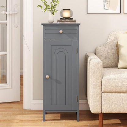 Giantex 34.5" Bathroom Cabinet with Drawer & Single Door (Grey) | Narrow Side Storage Organizer with 6 Shelf Positions, Freestanding Floor Storage Cabinet for Bathroom, Living Room, Entryway