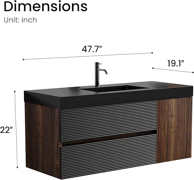 48 Inch Bathroom Vanity with Sink, Floating Bathroom Cabinet with 2 Soft-Closing Drawers & 1 Door, Large Storage for Apartment, Hotel, Walnut+Black, Black Sink(Already Assembled)