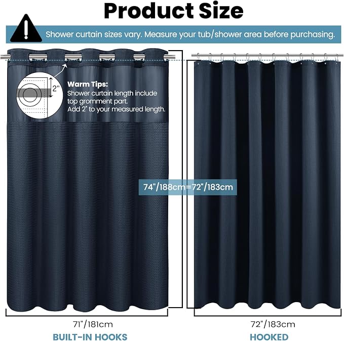 SORTTO No Hook Shower Curtain with Snap in Liner Set Waffle Shower Curtain for Bathroom Hotel Style Fabric Waterproof Inner Liner，71" W x 74" H, Navy Blue