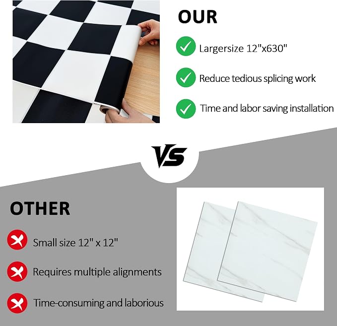 Lareko Black & White Vinyl Flooring Roll,11.8"X197",Peel & Stick Floor Tile | Covers 16 Sq.Ft,Checkered Marble Self-Adhesive Floor Sheet ,Waterproof,Removable,Wide Plank DIY For renters and Home Decor