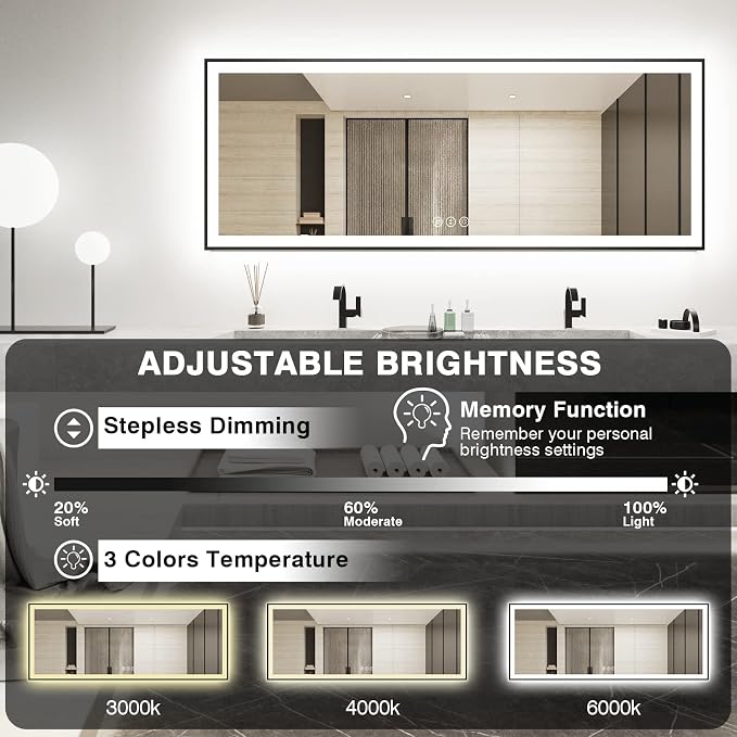 EchosLife 96x36 Large LED Bathroom Mirror with Lights - Black Aluminum Trim | Black Frame, Front and Backlit, Anti-Fog, Stepless Dimmable, 3 Colors, Memory, Tempered Glass, UL Listed, Horizontal/Vertical