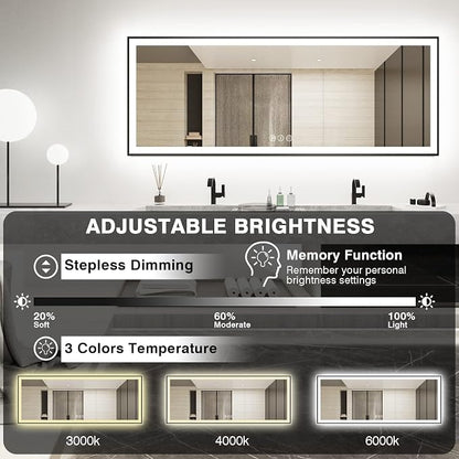 EchosLife 96x36 Large LED Bathroom Mirror with Lights - Black Aluminum Trim | Black Frame, Front and Backlit, Anti-Fog, Stepless Dimmable, 3 Colors, Memory, Tempered Glass, UL Listed, Horizontal/Vertical