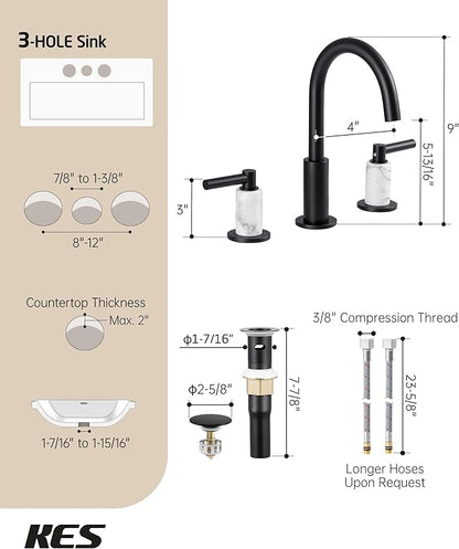 KES Natural Italian Carrara Marble Matte Black Bathroom Faucet 3 Hole with All Metal Pop Up Sink Drain, 8 Inch Widespread Bathroom Sink Faucet for Vanity, 360° Swivel Spout, 18/8 Stainless Steel