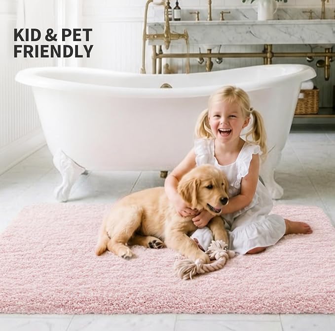 ILANGO Pink Bathroom Rugs 70" × 24" Non Slip & Super Absorbent Extra Thick Soft, Washable Bath Carpet Runner for Floor, Microfiber Plush Shaggy Bath Mats with Rubber for Bedroom Bathtub Shower Room