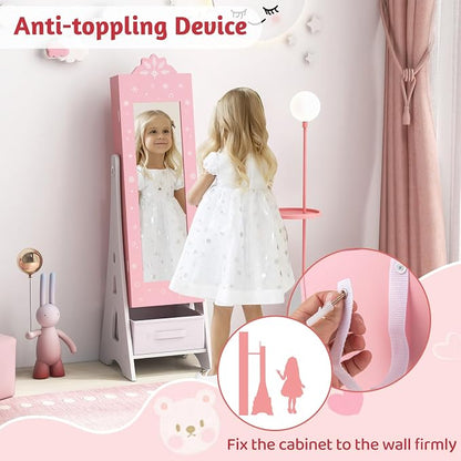 CHARMAID Kids Jewelry Cabinet - Standing Full Length Mirror With Storage, Ring Earring Necklace Organizer Box, Vanity Dressing Armoire for Girls (Pink)