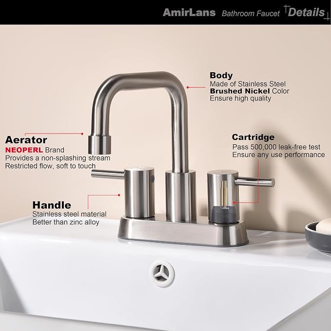 Brushed Nickel Bathroom Sink Faucet 2 Handle, 2 or 3 Hole 4 Inch Centerset Stainless Steel Bathroom Faucets with Pop up Drain, Vanity Faucet for Bathroom, Restroom, Rv, AML-21751-BN
