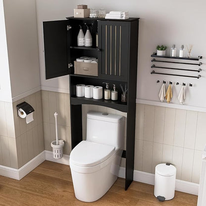Over The Toilet Storage Cabinet for Small Bathrooms, Freestanding Space Saver with Double Doors & 2 Fixed Shelves, Stable Wood Organizer with Anti-Tip Kit, Fits 33-Inch Clearance Black