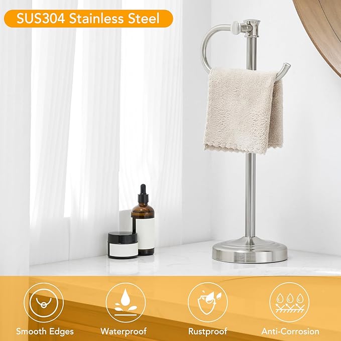 BESy 17 Inch Brushed Nickel Stand Towel Bar Hanger Hand Towel Bar Bathroom Vanity Countertop Towel Holder Free Standing Stainless Steel Towel Ring Hardware Accessories Towel Rack