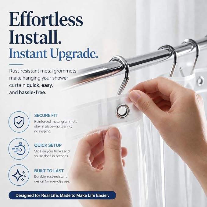 EHZNZIE Crystal Clear Shower Curtain Liner 48x72, PEVA Waterproof Bath Curtain, No Chemical Smell, Weighted Magnets, Durable with 8 Rustproof Metal Grommets