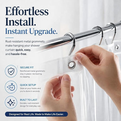 EHZNZIE Crystal Clear Shower Curtain Liner 48x72, PEVA Waterproof Bath Curtain, No Chemical Smell, Weighted Magnets, Durable with 8 Rustproof Metal Grommets