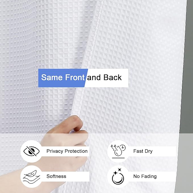 OVZME White Shower Curtain Set, Waffle Textured Heavy Duty Fabric Thick Shower Curtain for Bathroom, 230GSM Luxury Weighted Bath Curtain with 12 Plastic Hooks, 72x72, White