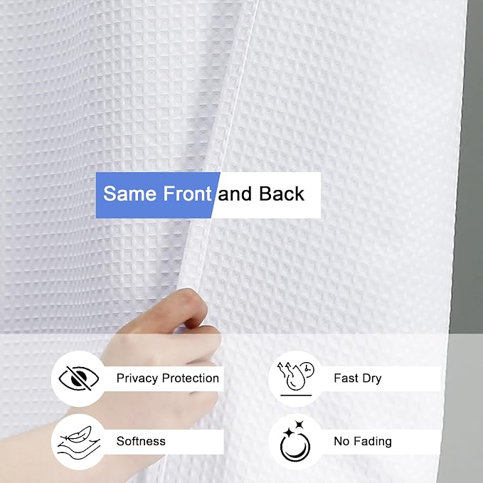 Extra Long White Shower Curtain Set- 96 Inch Long Waffle Weave Heavy Duty Fabric Shower Curtains for Bathroom, Luxury Heavy Duty Thick Cloth Shower Curtain with 12 Plastic Hooks, 72x96, White