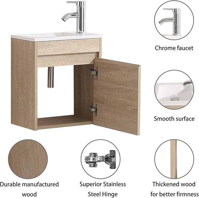 wonline 16" Single Sink Bathroom Vanity, Floating Modern Bathroom Vanity with Sink for Small Space