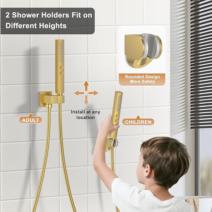 Rain Shower System 12" & 6" Dual Shower Heads Ceiling Shower Faucet Set | Ideal for bathroom remodels and upgrades with 12" rain shower, 6" angled shower, handheld spray and complete valve kit.