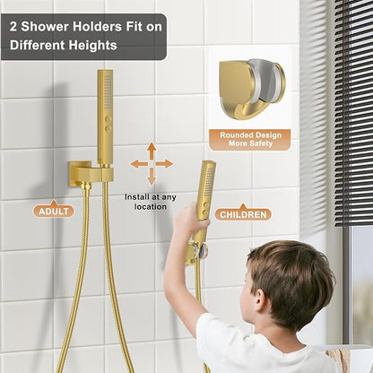 Rain Shower System 12" & 6" Dual Shower Heads Ceiling Shower Faucet Set | Ideal for bathroom remodels and upgrades with 12" rain shower, 6" angled shower, handheld spray and complete valve kit.