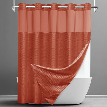 SORTTO No Hook Shower Curtain with Snap in Liner Set Waffle Shower Curtain for Bathroom Hotel Style Fabric Waterproof Inner Liner，71" W x 74" H, Burnt Orange