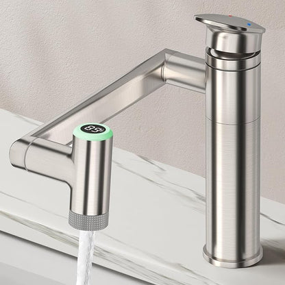 HOWUWEY 1080° Rotatable Single Hole Bathroom Vanity Faucet with Temperature Display, Height Adjustable Single Lever Bathroom Sink Faucet 1 Hole, LED Basin Faucet with Color Change (Brushed Nickel)