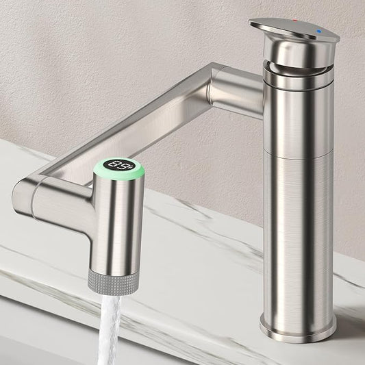 HOWUWEY 1080° Rotatable Single Hole Bathroom Vanity Faucet with Temperature Display, Height Adjustable Single Lever Bathroom Sink Faucet 1 Hole, LED Basin Faucet with Color Change (Brushed Nickel)