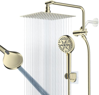 10" Metal Rainfall Shower Head with 10-Mode Handheld, Shiny Gold | NSF/ANSI/CAN 372 Certified, High Pressure Showerhead Combo with 11" Adjustable Shower Arm, 71" Hose, Shower Head Holder