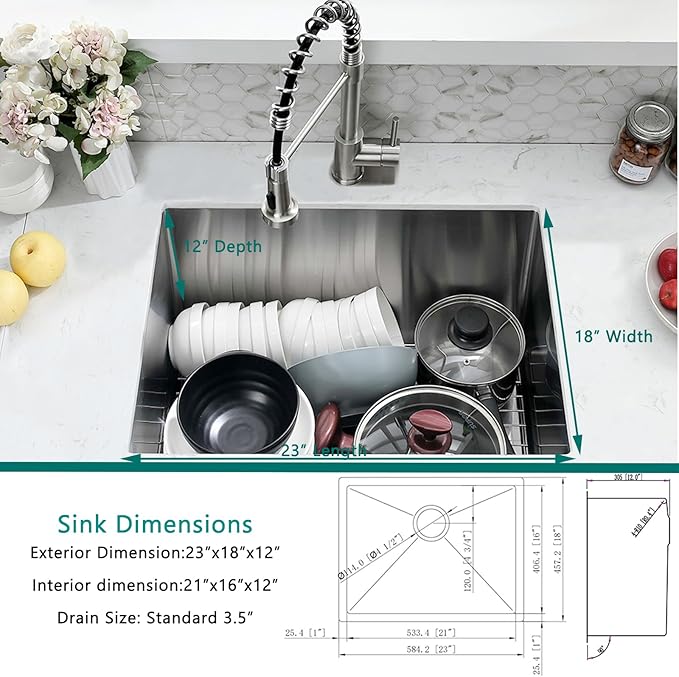 Undermount Laundry Sink with Faucet Combo, 23"x18"x12" Laundry Utility Sink Stainless Steel 12" Deep Laundry Room Sink 16 Gauge Single Bowl Undermount Kitchen Sinks