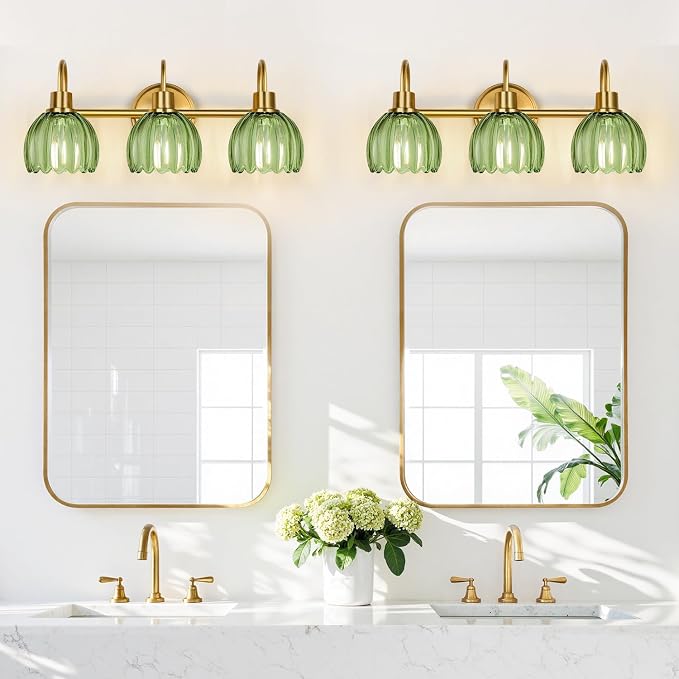 Bathroom Light Fixtures (3-Light, 20 in), Brushed Gold Vanity Lights for Bathroom with Ribbed Green Tulip Glass Shade, Vintage Vanity Wall Lights for Mirror Bedroom Living Room Hallway