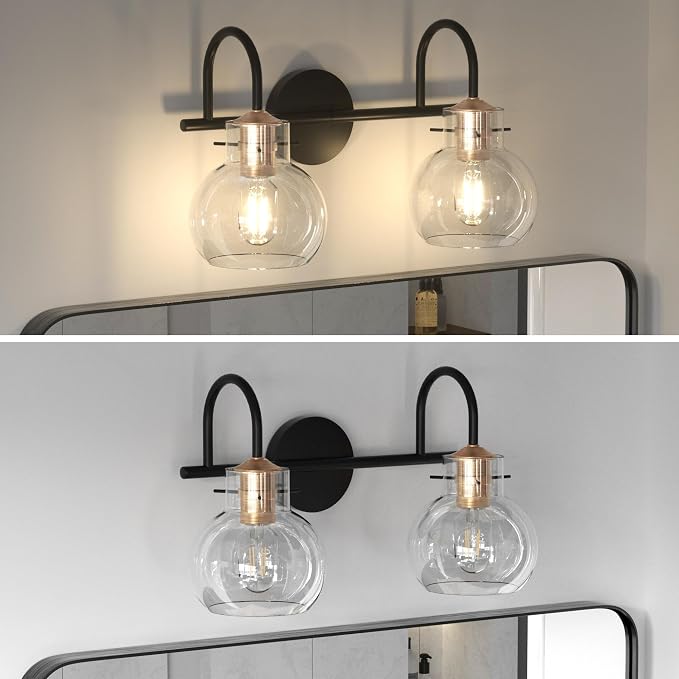 2 Light Bathroom Vanity Light, Black and Red Copper Bathroom Light Fixtures Over Mirror, Modern Copper Vanity Fixtures with Clear Glass Shade, Black Wall Sconce for Living Room