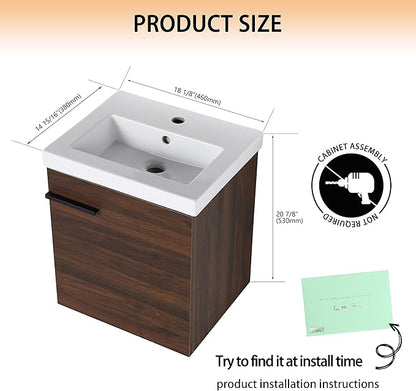 18" Bathroom Vanity with Sink, 18 Inch Floating Bathroom Vanity for Small Space, Modern Bathroom Vanity, Brown Wall Mounted Cabinet Set
