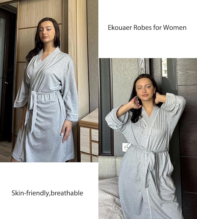Ekouaer Women Kimono Robes Knee Length Knit Bathrobe Lightweight Soft Sleepwear V-neck Casual Ladies Loungewear