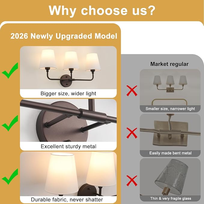 Bathroom Light Fixtures, 3-Light Oil Rubbed Bronze Vanity Lights, 25" Bathroom Lighting Fixtures Over Mirror with White Flared Fabric Shade, Modern Wall Sconces for Bathroom Living Room Hallway