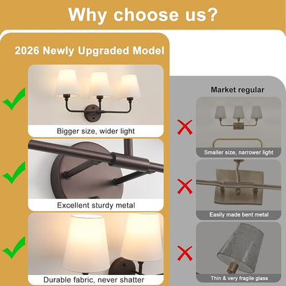 Bathroom Light Fixtures, 3-Light Oil Rubbed Bronze Vanity Lights, 25" Bathroom Lighting Fixtures Over Mirror with White Flared Fabric Shade, Modern Wall Sconces for Bathroom Living Room Hallway