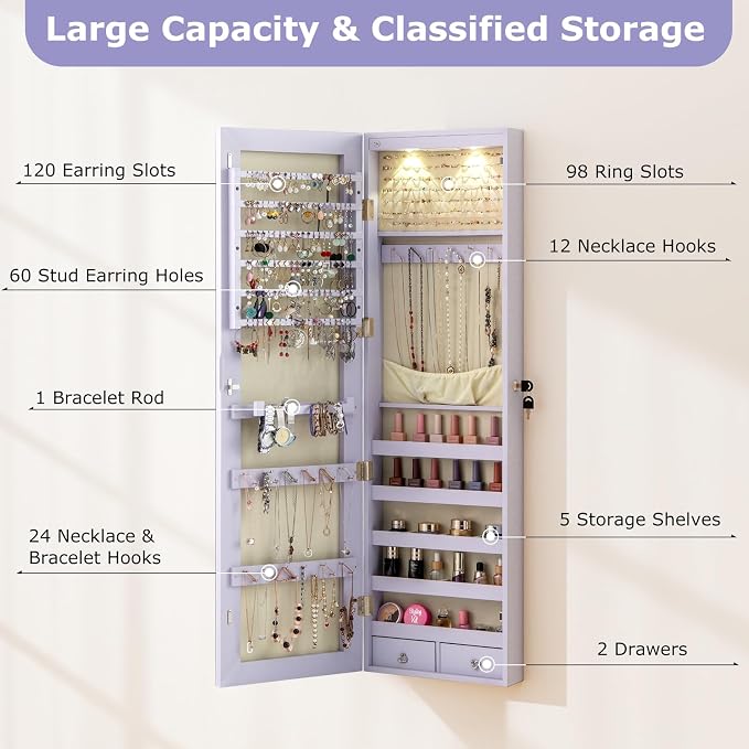 COSTWAY Wall Door Mounted Jewelry Armoire with 47.5" Full Length Mirror & 2 LED Lights, Large Storage Capacity, Lockable Mirror Jewelry Cabinet for Women Girls (Lavender)