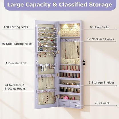 COSTWAY Wall Door Mounted Jewelry Armoire with 47.5" Full Length Mirror & 2 LED Lights, Large Storage Capacity, Lockable Mirror Jewelry Cabinet for Women Girls (Lavender)