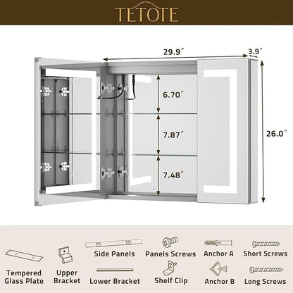 TETOTE LED Lighted Medicine Cabinet with Lights 30 x 26 Recessed or Surface Mount Cabinet Mirror for Bathroom Wall, 2 Door Tempered Glass Led Vanity Cabinet, Outlets & USB, 3-Color Dimming, Anti-Fog