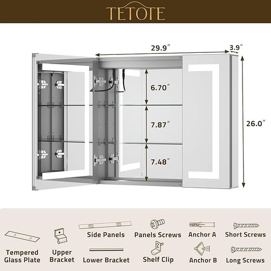 TETOTE LED Lighted Medicine Cabinet with Lights 30 x 26 Recessed or Surface Mount Cabinet Mirror for Bathroom Wall, 2 Door Tempered Glass Led Vanity Cabinet, Outlets & USB, 3-Color Dimming, Anti-Fog